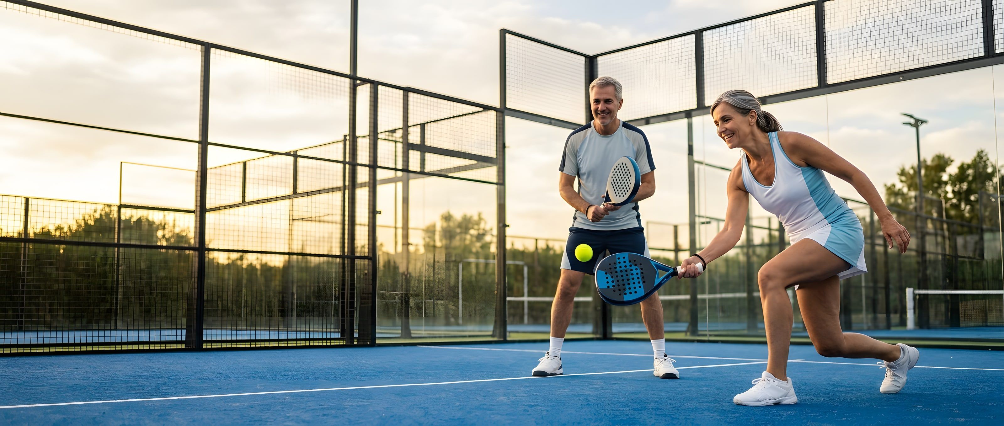 A man and a woman in their fifties playing padel together outdoors